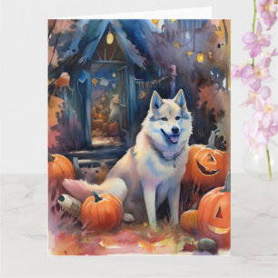 Halloween Alaskan Malamute met pompoenen Kaart