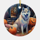 Halloween Alaskan Malamute met pompoenen Keramisch Ornament (Voorkant)