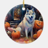 Halloween Alaskan Malamute met pompoenen Keramisch Ornament (Achterkant)