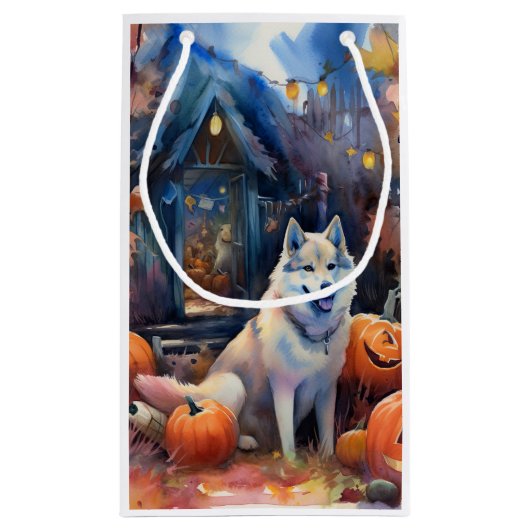 Halloween Alaskan Malamute met pompoenen Klein Cadeauzakje (Achterkant)