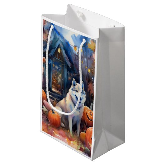 Halloween Alaskan Malamute met pompoenen Klein Cadeauzakje (Voorkant Gekanteld)