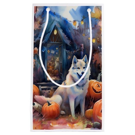 Halloween Alaskan Malamute met pompoenen Klein Cadeauzakje (Voorkant)