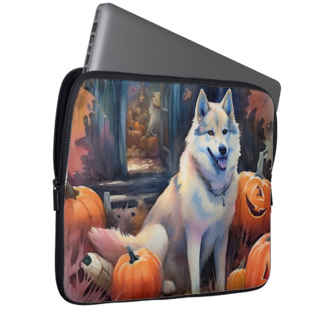 Halloween Alaskan Malamute met pompoenen Laptop Sleeve (Voorkant Rechts)