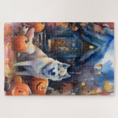 Halloween Alaskan Malamute met pompoenen Legpuzzel (Horizontaal)