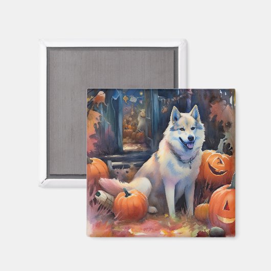 Halloween Alaskan Malamute met pompoenen Magneet (Voorkant / Achterkant)