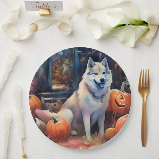 Halloween Alaskan Malamute met pompoenen Papieren Bordje (Huwelijk)