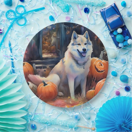 Halloween Alaskan Malamute met pompoenen Papieren Bordje (Feest)