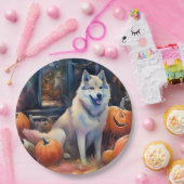 Halloween Alaskan Malamute met pompoenen Papieren Bordje (Feest)
