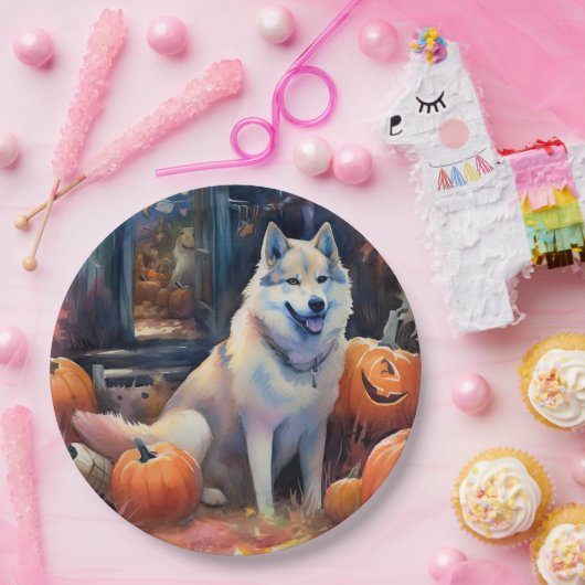 Halloween Alaskan Malamute met pompoenen Papieren Bordje (Feest)