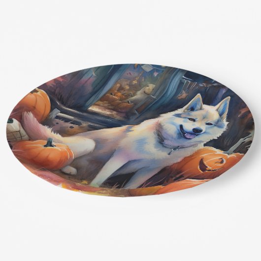 Halloween Alaskan Malamute met pompoenen Papieren Bordje (Gekanteld)