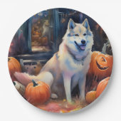 Halloween Alaskan Malamute met pompoenen Papieren Bordje (Voorkant)