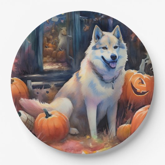 Halloween Alaskan Malamute met pompoenen Papieren Bordje (Voorkant)