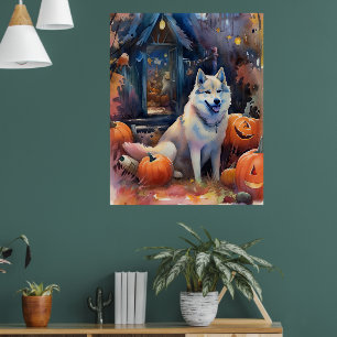 Halloween Alaskan Malamute met pompoenen Poster