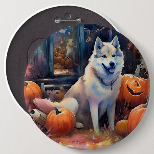 Halloween Alaskan Malamute met pompoenen Ronde Button 6,0 Cm (Voorkant /achterkant)