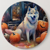 Halloween Alaskan Malamute met pompoenen Ronde Button 6,0 Cm (Voorkant)