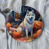 Halloween Alaskan Malamute met pompoenen Ronde Button 6,0 Cm (In situ)