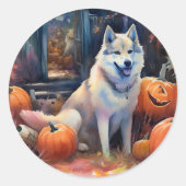 Halloween Alaskan Malamute met pompoenen Ronde Sticker (Voorkant)