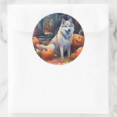 Halloween Alaskan Malamute met pompoenen Ronde Sticker (Tas)