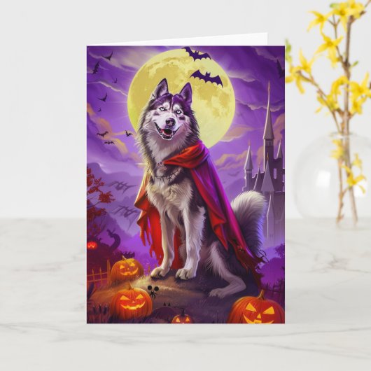 Halloween Alaskan Malamute Vampire Pumpkins eng Kaart (Gele Bloem)