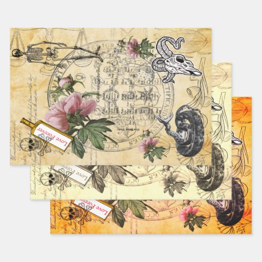 Halloween Alchemy Pink Peony Skeleton Ephemera Inpakpapier Vel (Set)