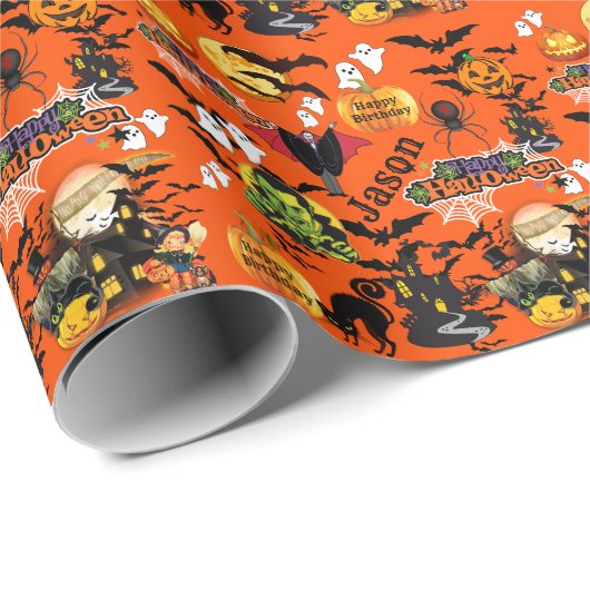 Halloween Alles Happy Birthday NAME Cute Cadeaupapier (Rol Hoek)