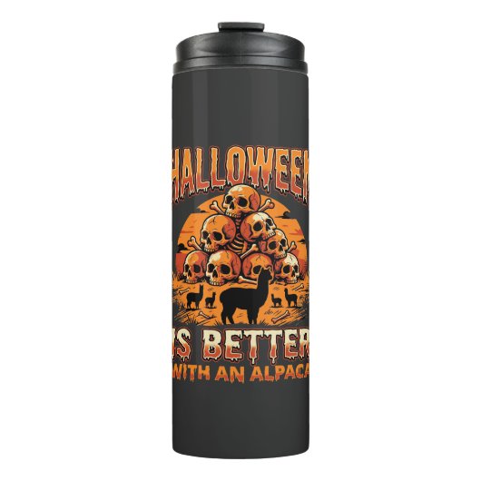 Halloween Alpaca Schedel Stapel Retro Horror Desig Thermosbeker (Voorkant)