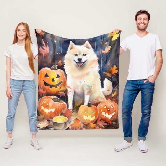 Halloween American Akita met pompoenen Scary Fleece Deken (In situ)