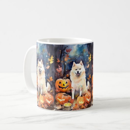 Halloween American Akita met pompoenen Scary Koffiemok (Voorkant links)