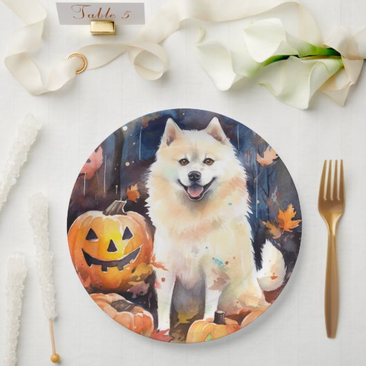 Halloween American Akita met pompoenen Scary Papieren Bordje (Huwelijk)