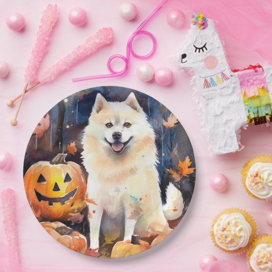 Halloween American Akita met pompoenen Scary Papieren Bordje (Feest)