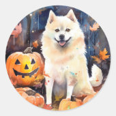 Halloween American Akita met pompoenen Scary Ronde Sticker (Voorkant)