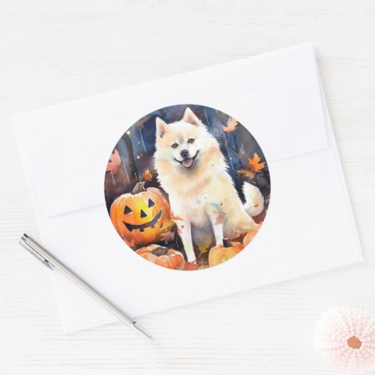 Halloween American Akita met pompoenen Scary Ronde Sticker (Envelop)