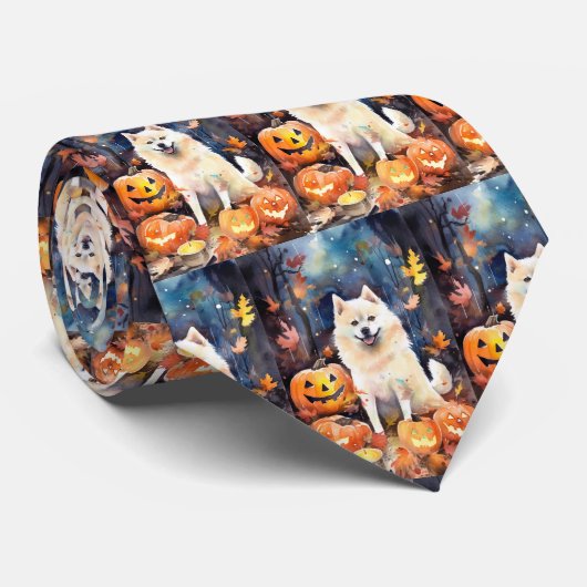 Halloween American Akita met pompoenen Scary Stropdas (Opgerold)