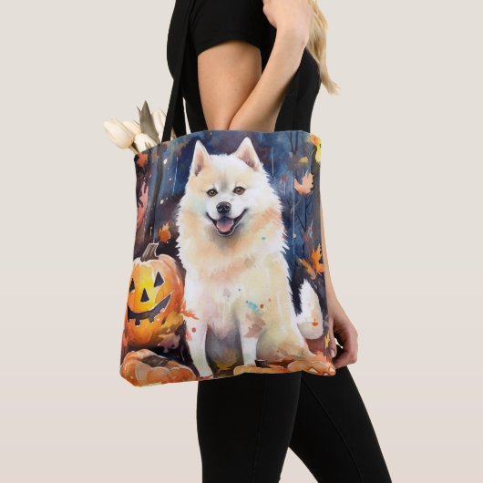Halloween American Akita met pompoenen Scary Tote Bag (Dichtbij)