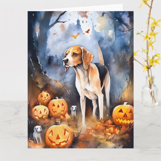 Halloween American English Foxhound Met Pompoenen Kaart (Gele Bloem)