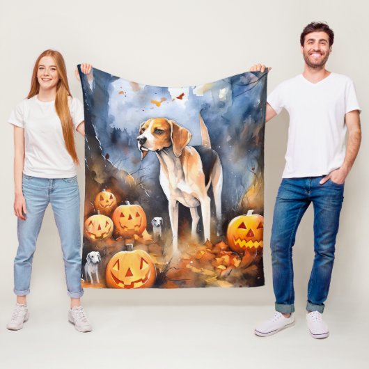 Halloween American English Foxhound with Pumpkins Fleece Deken (In situ)