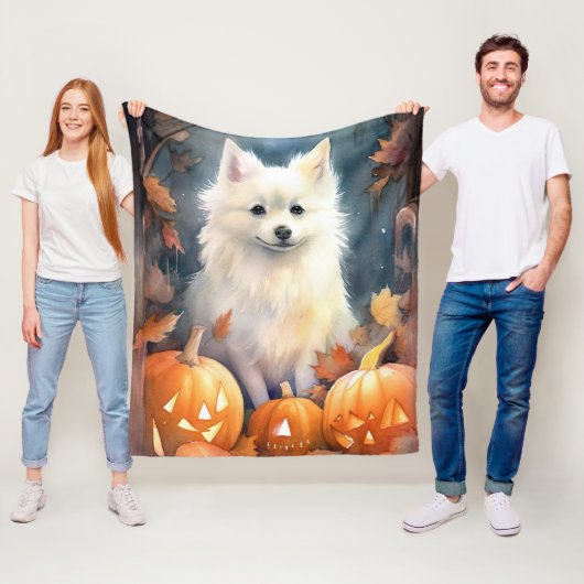 Halloween American Eskimo met pompoenen eng Fleece Deken (In situ)