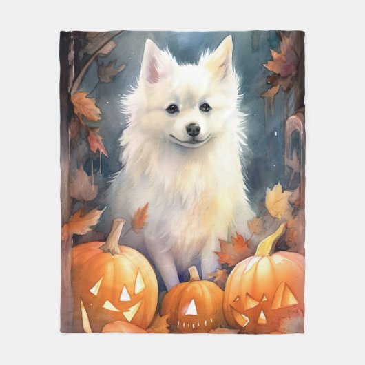 Halloween American Eskimo met pompoenen eng Fleece Deken (Voorkant)