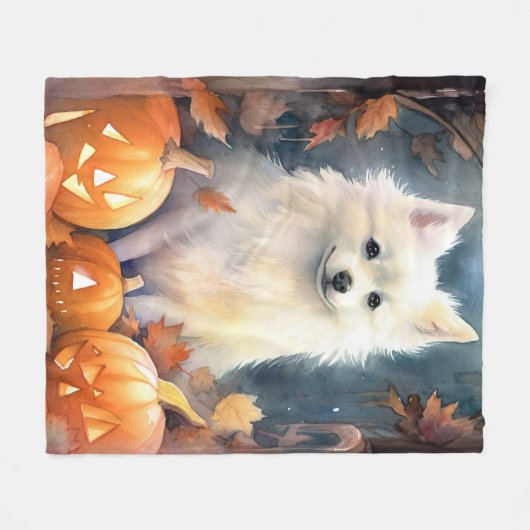 Halloween American Eskimo met pompoenen eng Fleece Deken (Voorkant (Horizontaal))