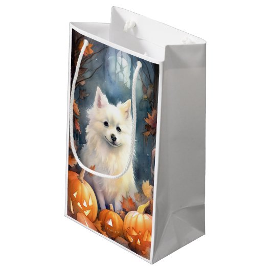 Halloween American Eskimo met pompoenen eng Klein Cadeauzakje (Achterkant Gekanteld)