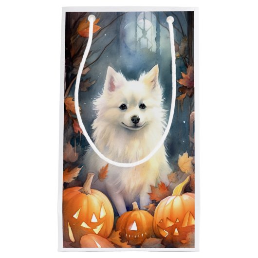 Halloween American Eskimo met pompoenen eng Klein Cadeauzakje (Voorkant)