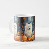 Halloween American Eskimo met pompoenen eng Koffiemok (Voorkant links)