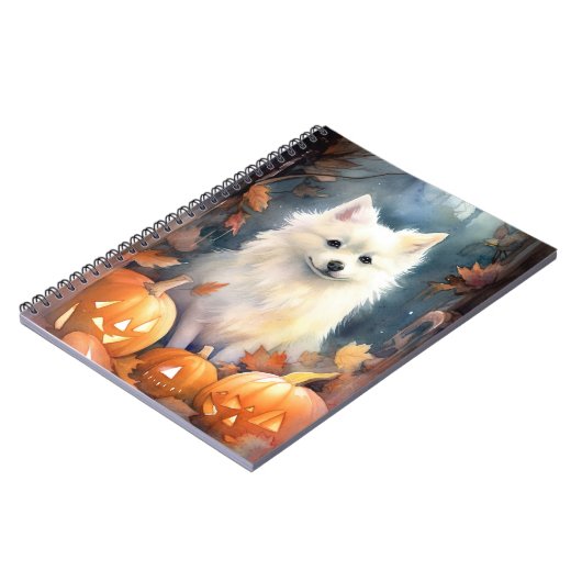 Halloween American Eskimo met pompoenen eng Notitieboek (Linkerzijde)