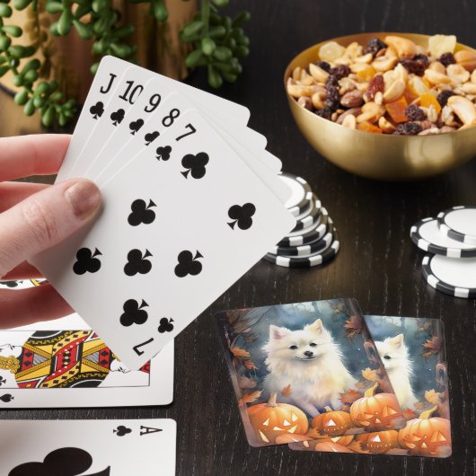 Halloween American Eskimo met pompoenen eng Pokerkaarten (Insitu)
