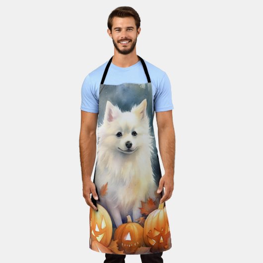 Halloween American Eskimo met pompoenen eng Schort (Gedragen)