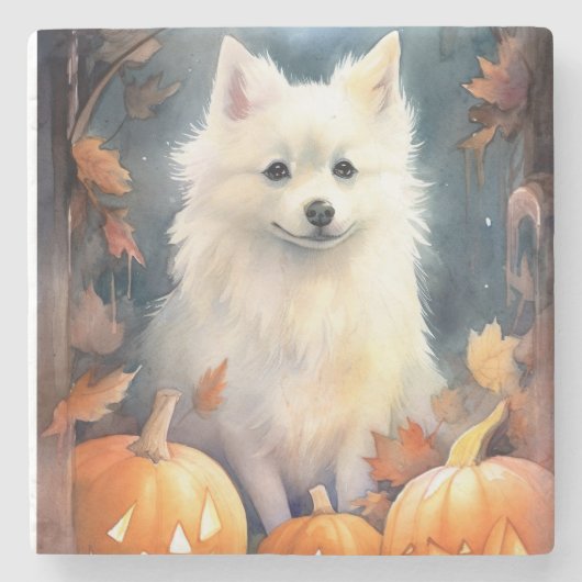 Halloween American Eskimo met pompoenen eng Stenen Onderzetter (Voorkant)