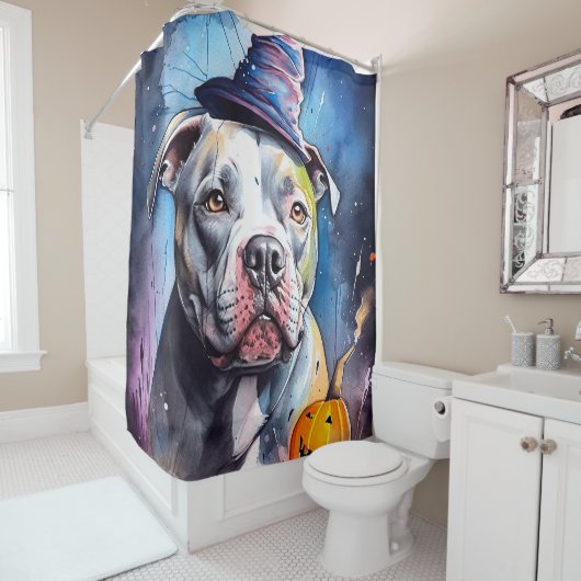 Halloween American Staffordshire met pompoenen Douchegordijn (In situ)