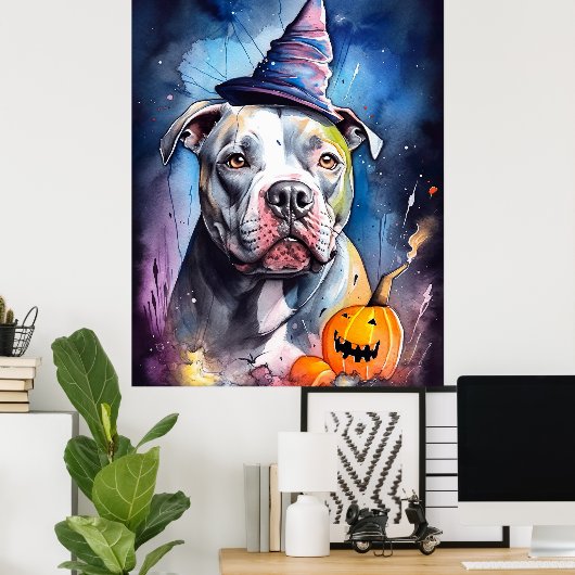 Halloween American Staffordshire met pompoenen Poster (Thuiskantoor)