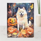 Halloween Amerikaanse Akita Met Pompoenen Eng Kaart (Voorkant)