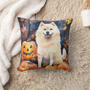 Halloween Amerikaanse Akita Met Pompoenen Griezele Kussen